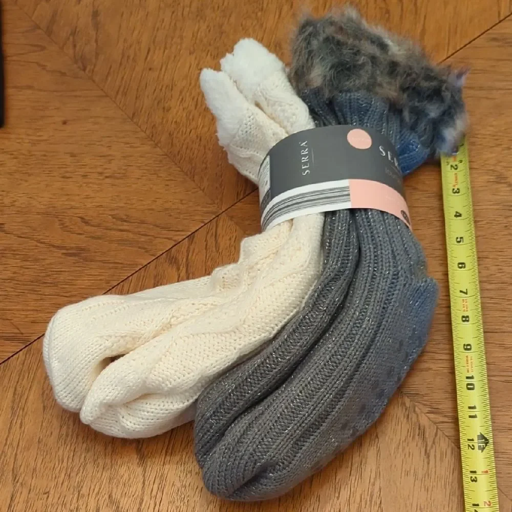 Serra Cozy Chunky Knit Slipper Socks with Faux Fur Trim 2 Pair